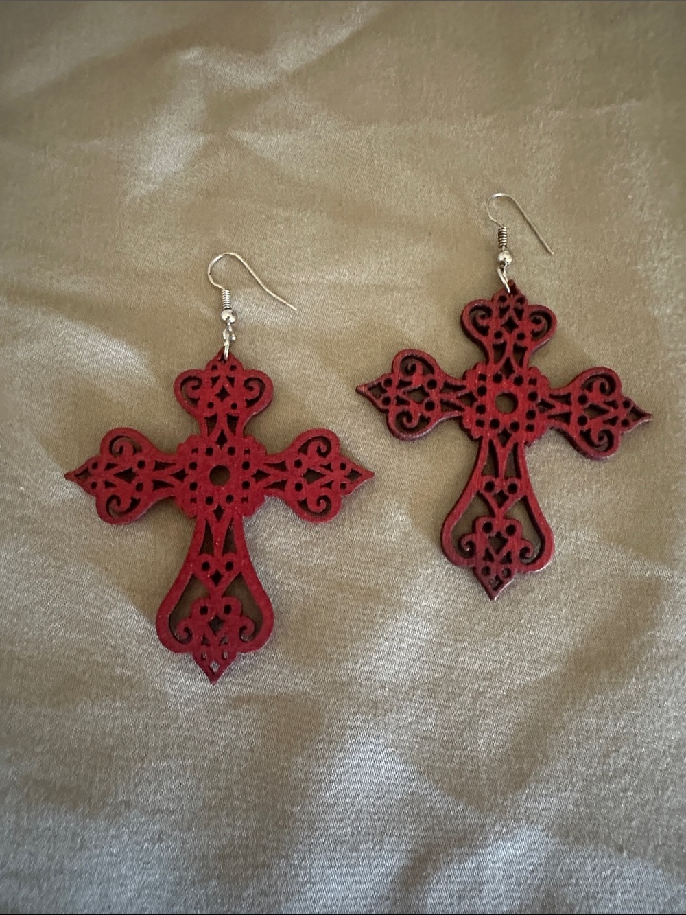 **BUNDLE 3 ITEMS FOR $12!!! Red Filigree Cross Dangle Earrings